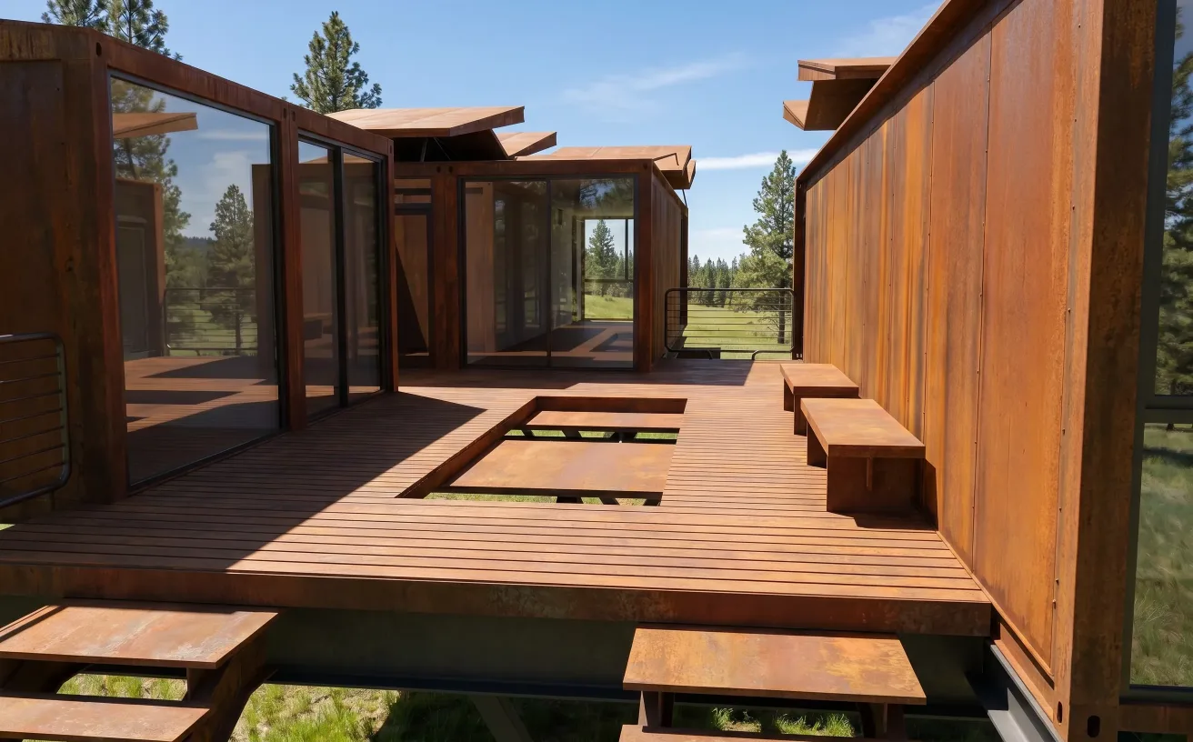 Close view of a weathering-steel cabin with a timber deck and built-in benches.