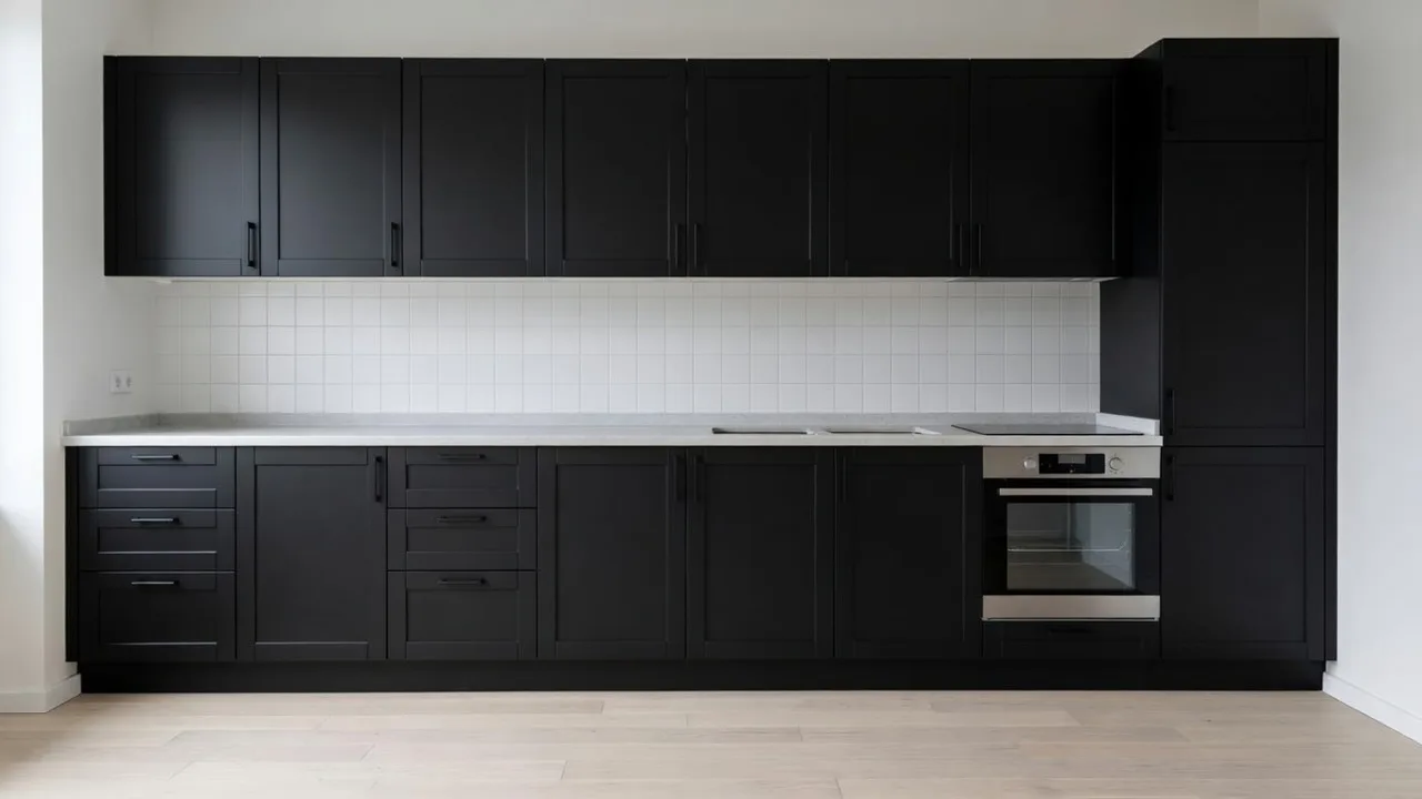 The same kitchen with soft matte black fronts under the same daylight