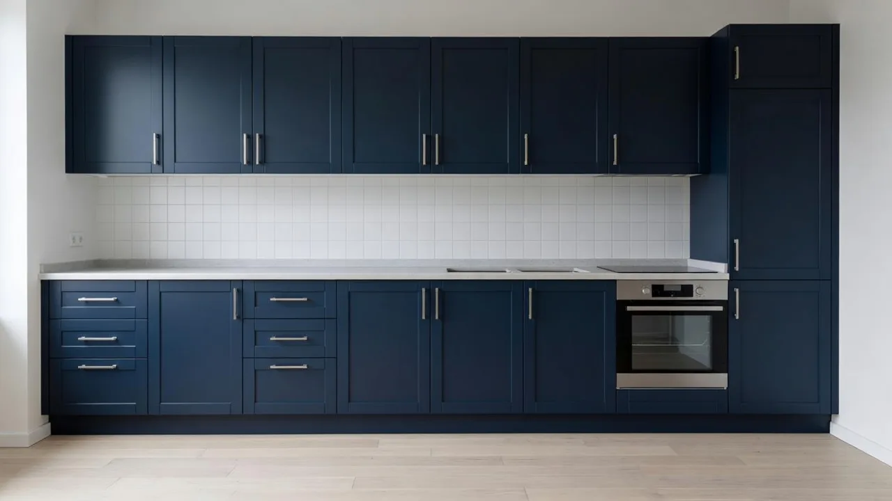 The same kitchen with deep navy fronts and brushed nickel handles