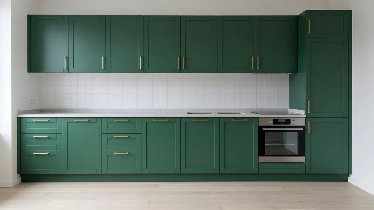 La stessa cucina con le ante verniciate verde salvia e maniglie in ottone