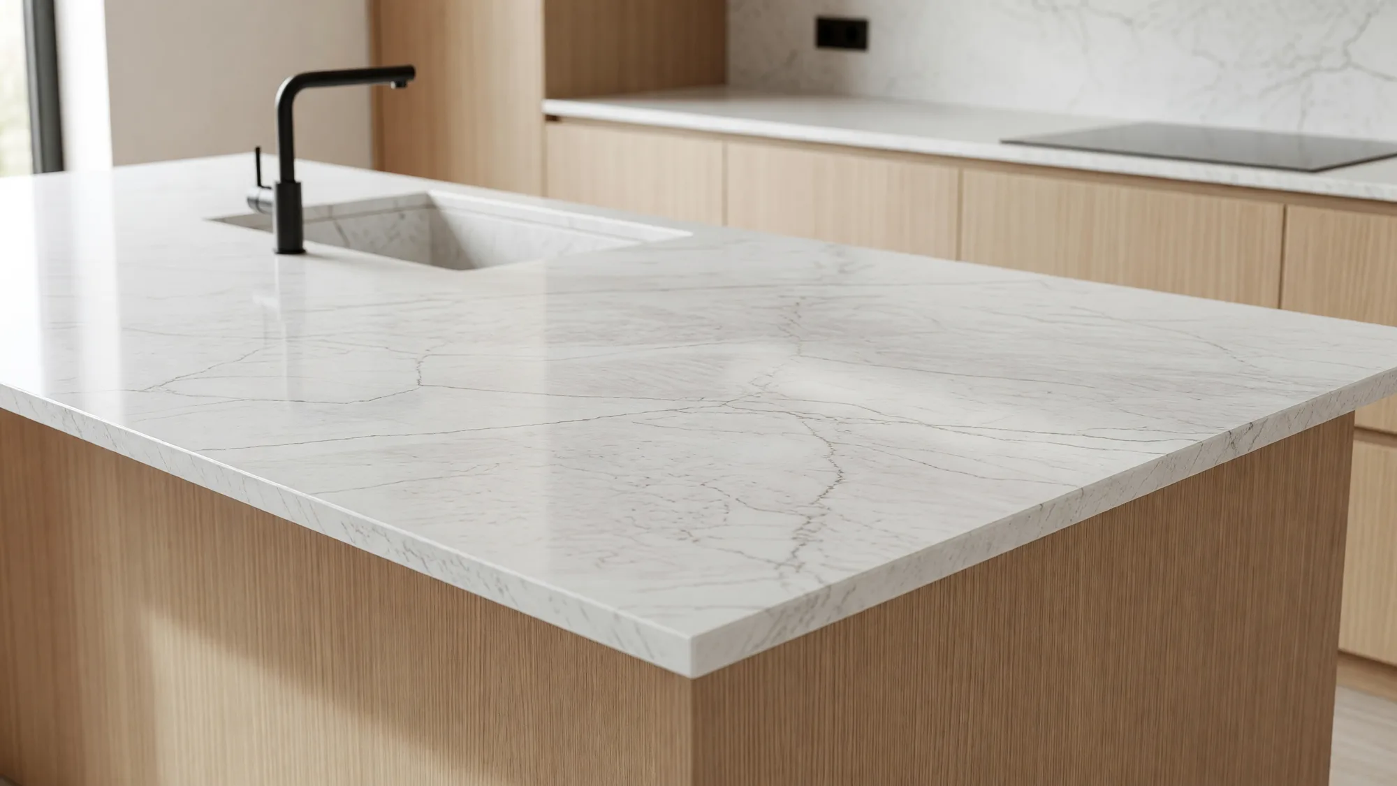 Styled kitchen countertop concept with stone surface and staged objects.