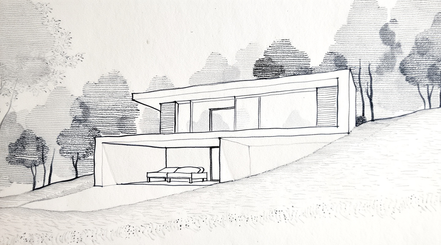 Loose architectural sketch used as a concept-stage rendering input.