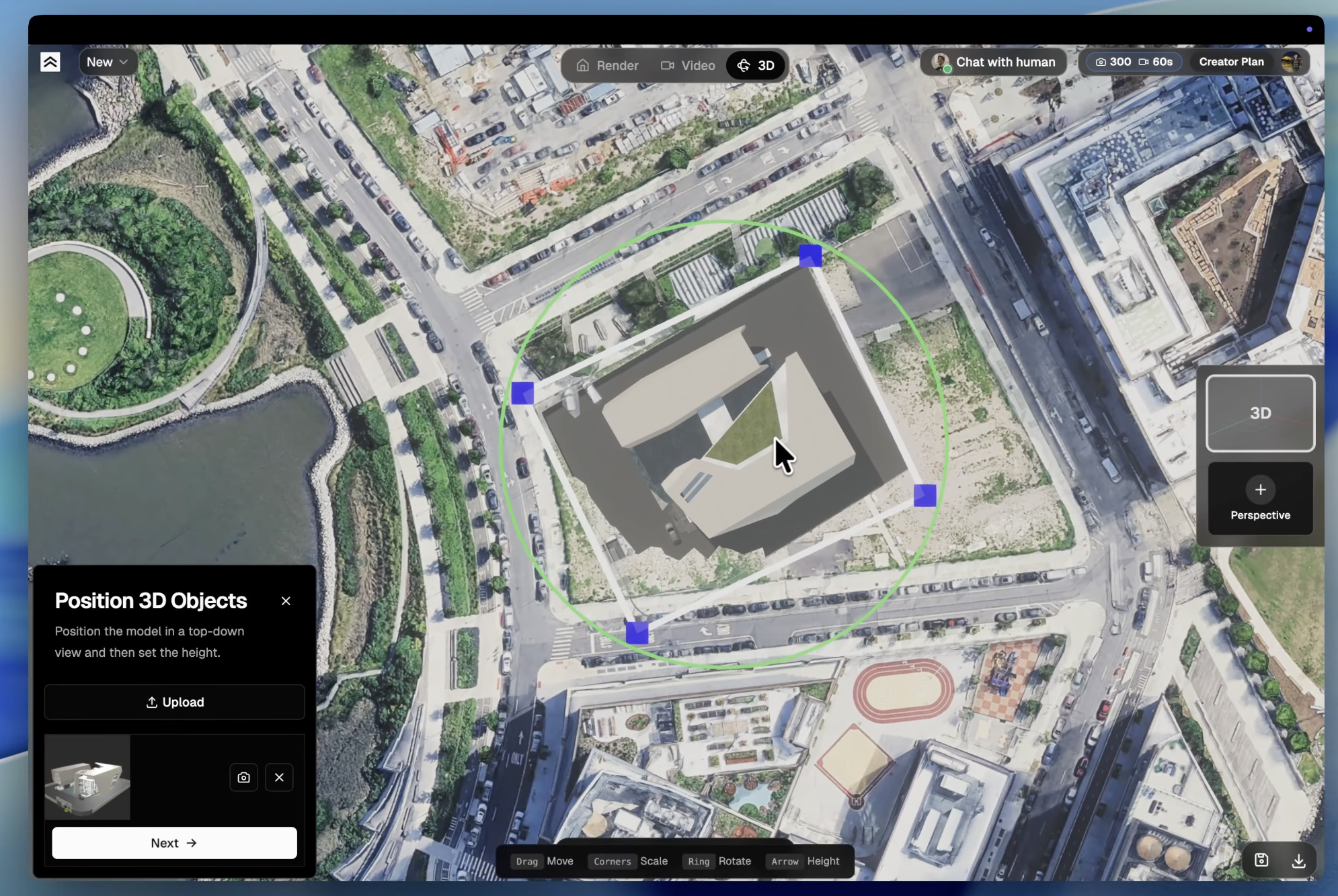 Top-down 3D Preview view with the model positioned on satellite terrain.