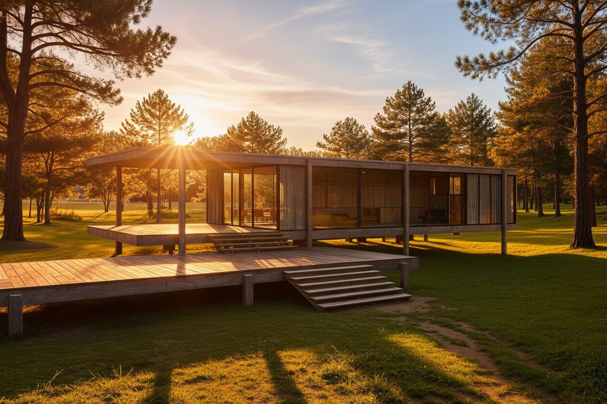 Finished Render a House exterior rendering showing warm golden-hour lighting and presentation-ready site context.