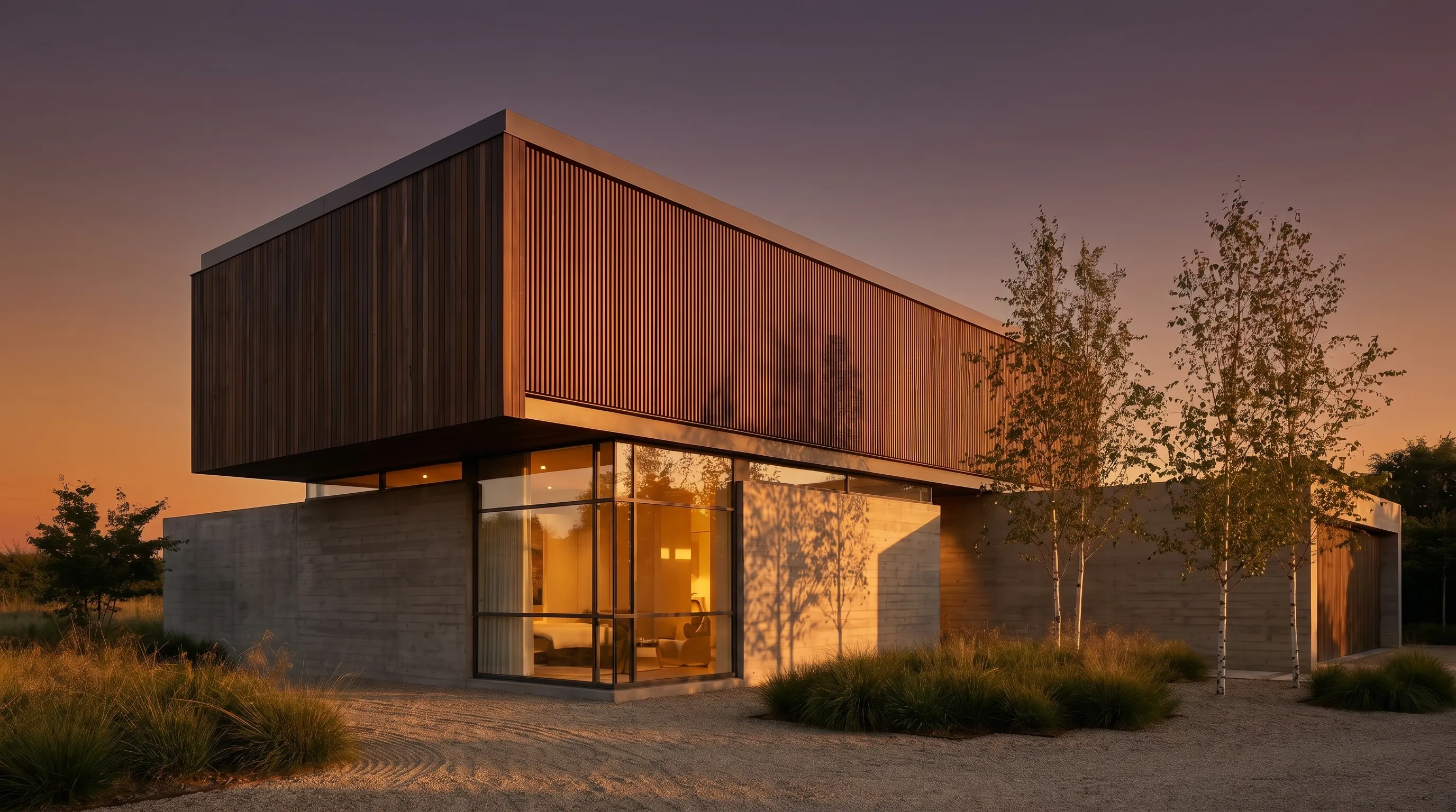 AI render of a house at dusk, generated from a line drawing