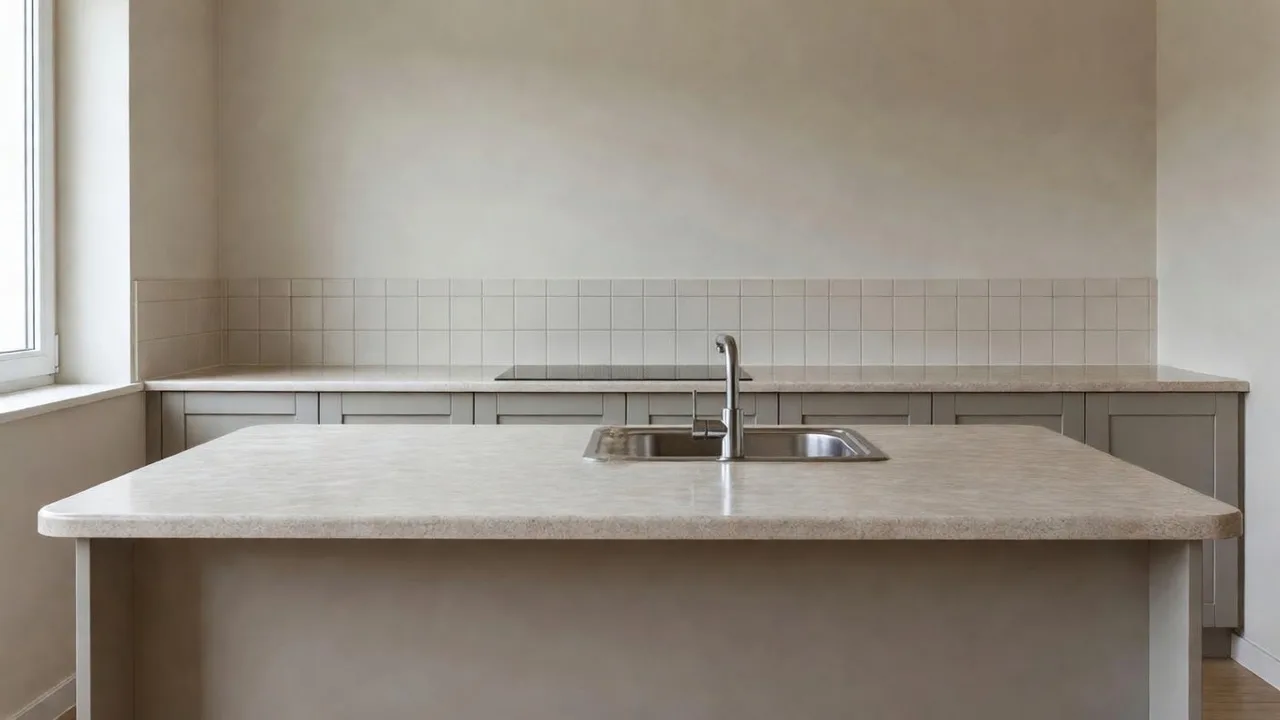 Cozinha com uma bancada de laminado bege, usada como imagem de partida