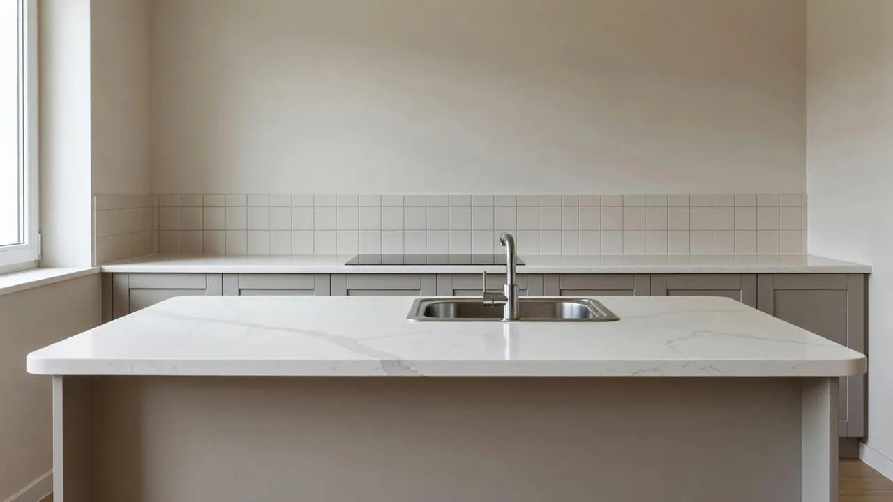 A mesma cozinha com uma bancada de quartzo branco com veios cinza