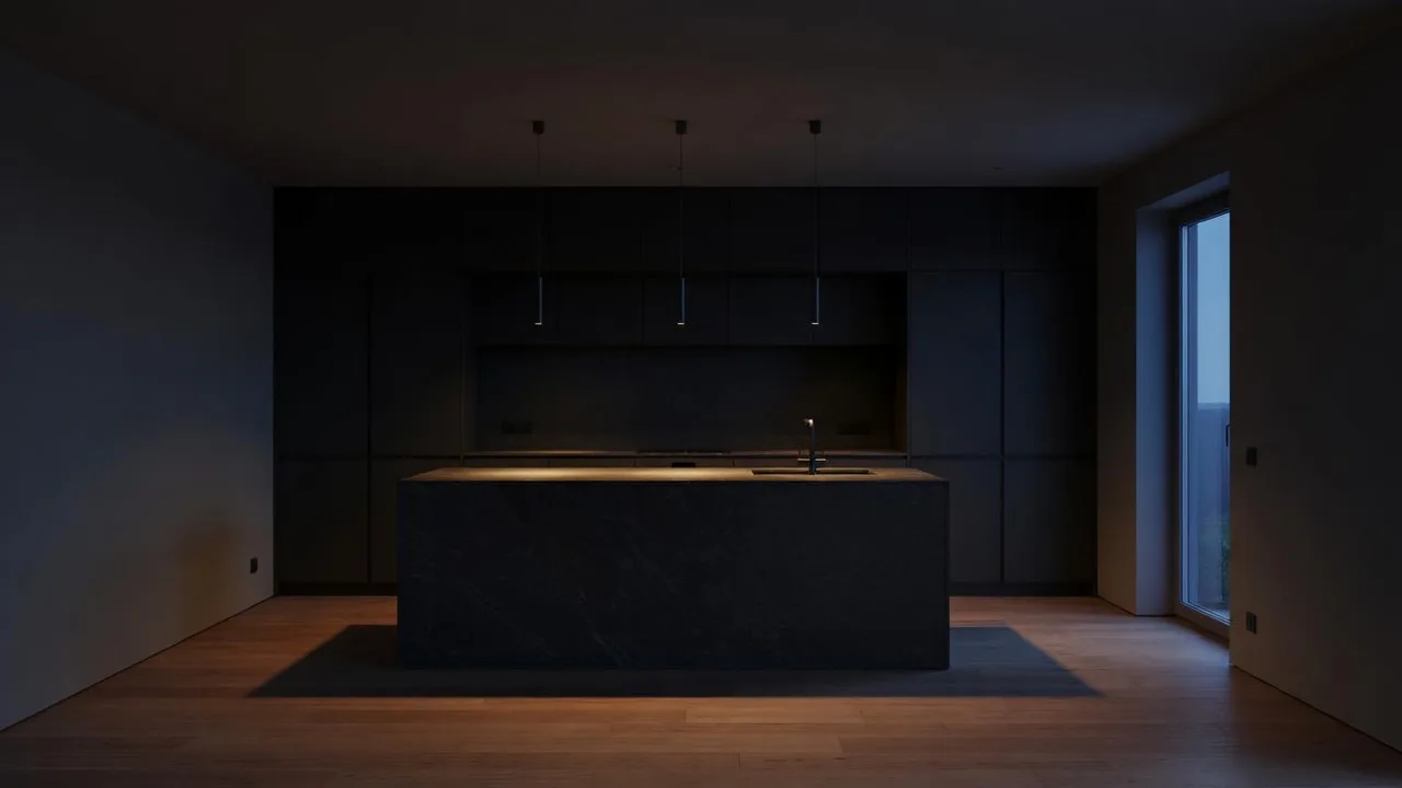 La misma cocina con frentes grafito, encimera de piedra oscura y luz de noche