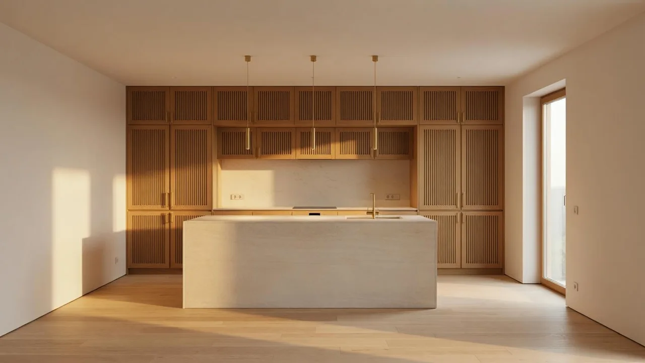 Cocina con frentes de roble ranurado, encimera crema y luz cálida de tarde