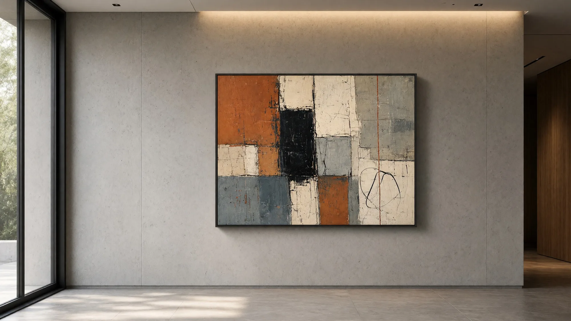 Cuadro abstracto con marco negro colgado en una pared de hormigón